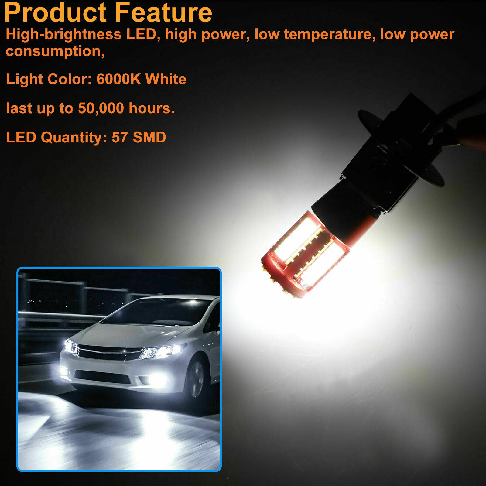 2PCS H3 LED Fog Light Bulbs Conversion Kit Super Bright Canbus 6000K White 100W
