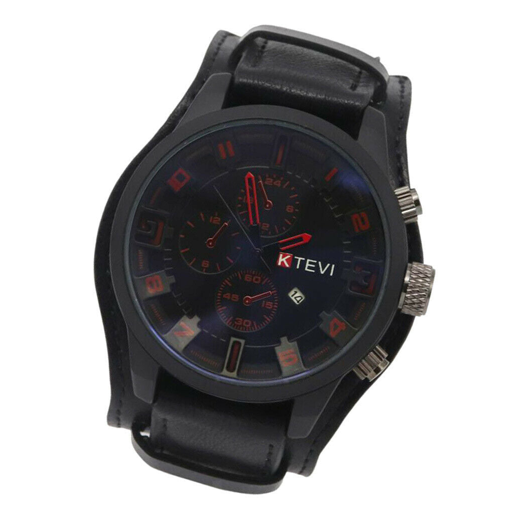 Mens Outdoor Waterproof Calendar Watch Quartz Leather Wristwatch Black