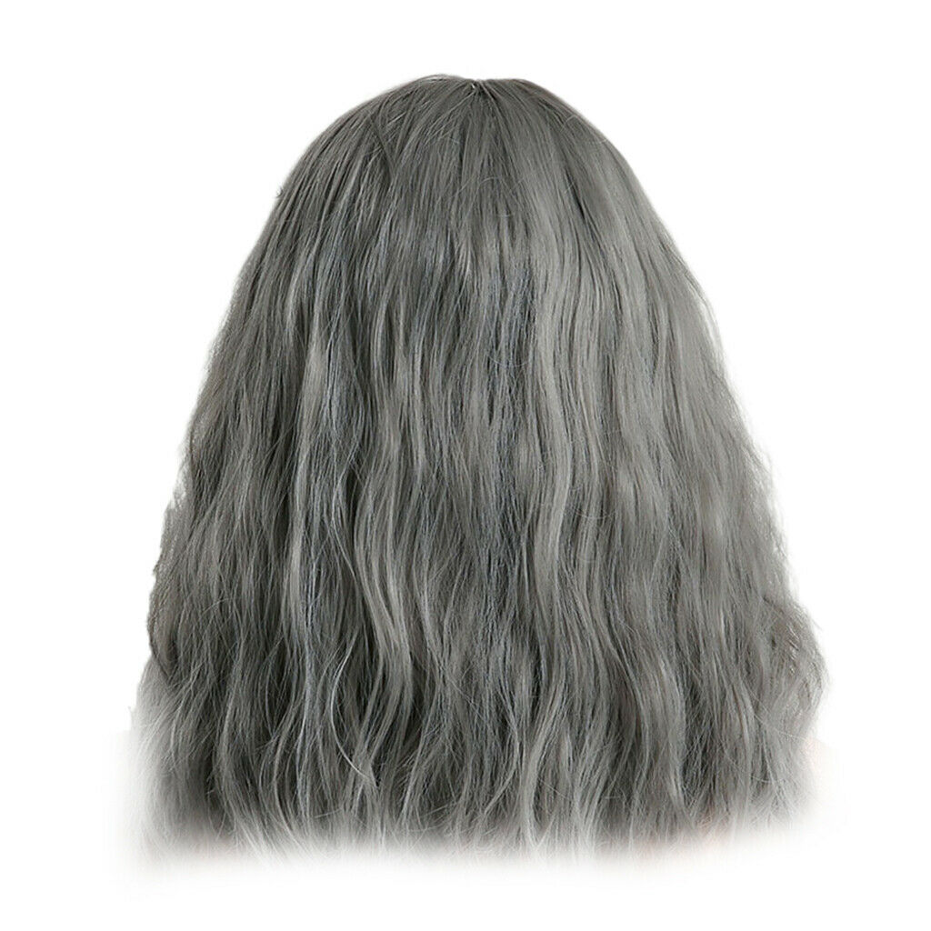 16'' Grayish Blue Female Meidum Wavy Bob Wig Synthetic Anime Wigs With Bangs