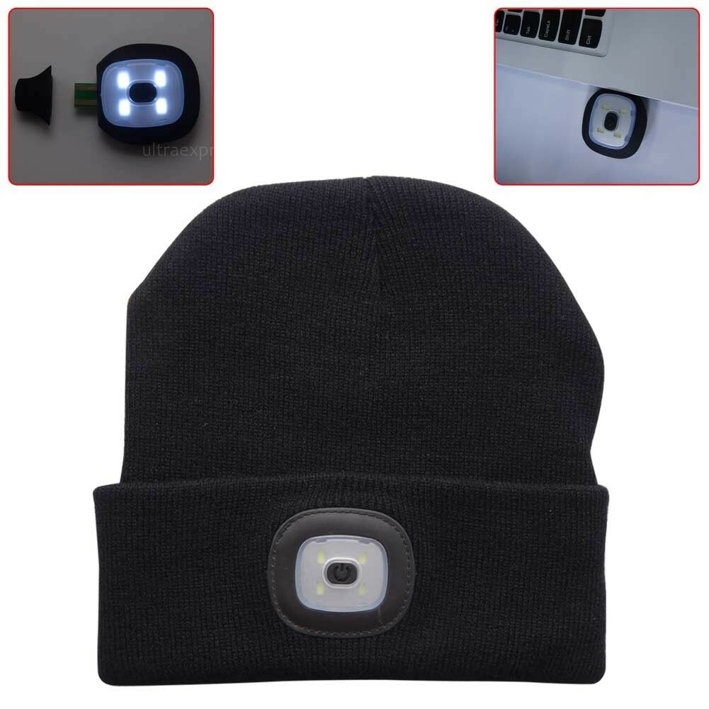 4LED Knit Hat Rechargeable Hands Free Flashlight Cap for Climbing Fishing Black