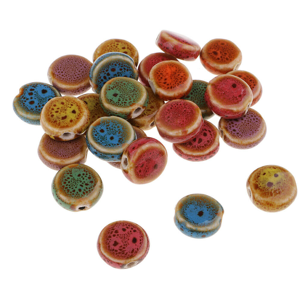 30PCS 14mm Flat Round Ceramic Porcelain Beads Charms Jewelry Making Material,