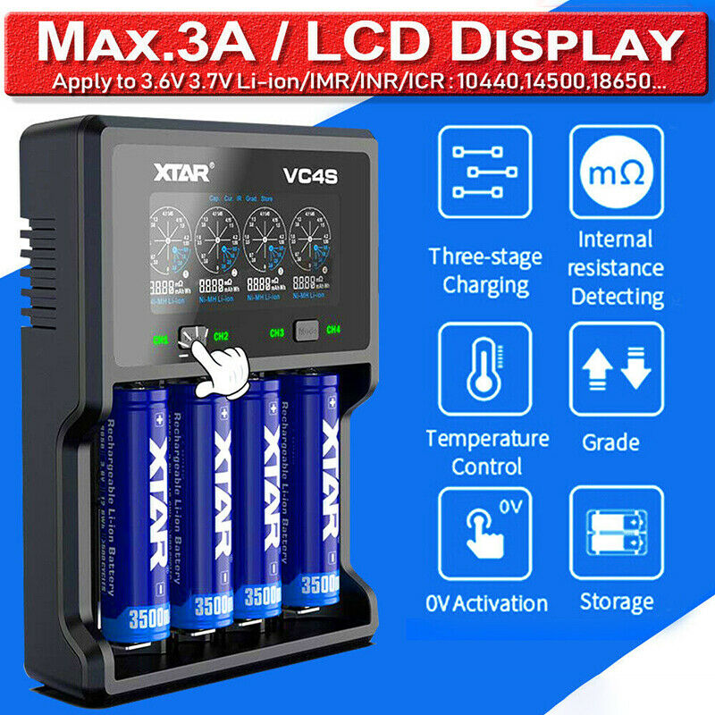 For XTAR VC4S 4-slots LCD Fast Charger for for 18650 Ni-MH Battery w USB Cable