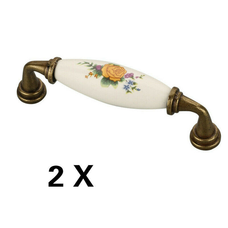 2X Ceramic Yellow Flower Drawer Handle Cabinet Cupboard Wardrobe Kitchen Retro