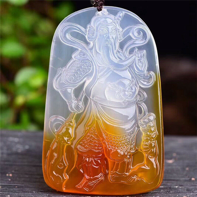 Beautiful China Natural White/Yellow Agate Chalcedony GuanYu Hand-Carved Pendant