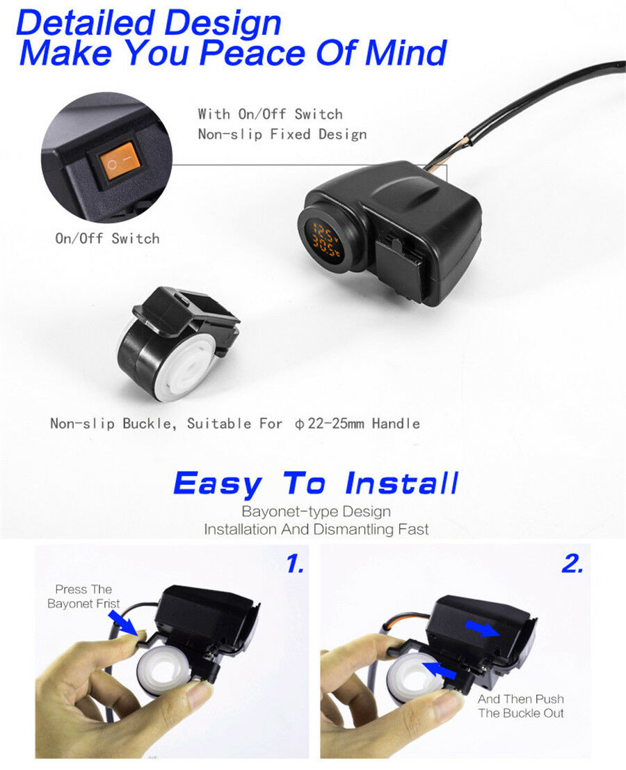 12V Dual USB Charger LED Digital Voltmeter & Thermometer For Motorcycle Scooter