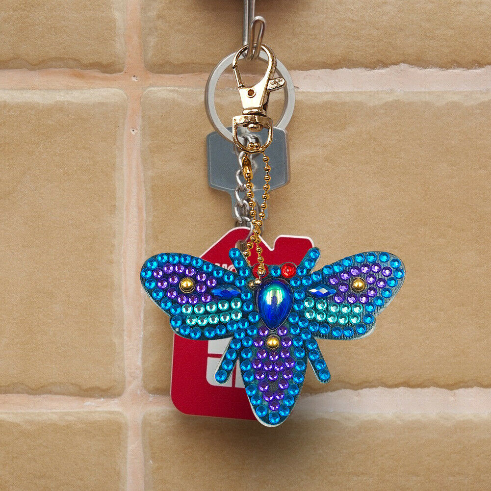 4pcs Full Drill Diamond Key Chain Bee Pendant Cross Stitch Keyrings Art Craft @