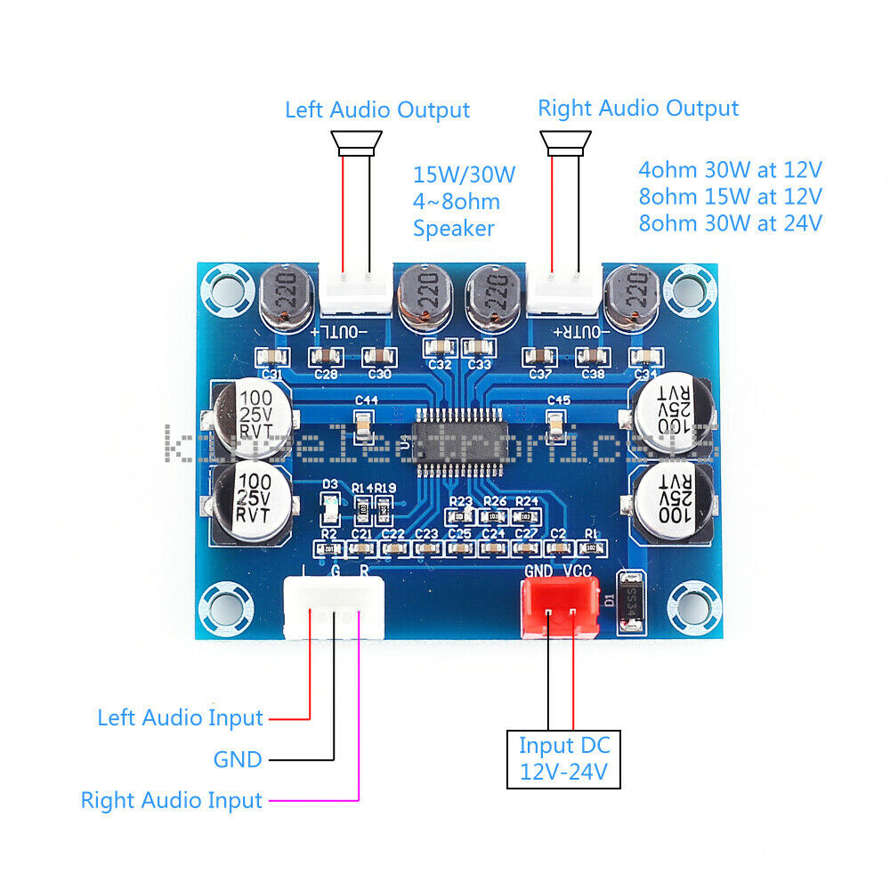 DC 12-24V 2*30W Digital Power Amplifier Board 2 Channels Audio Module