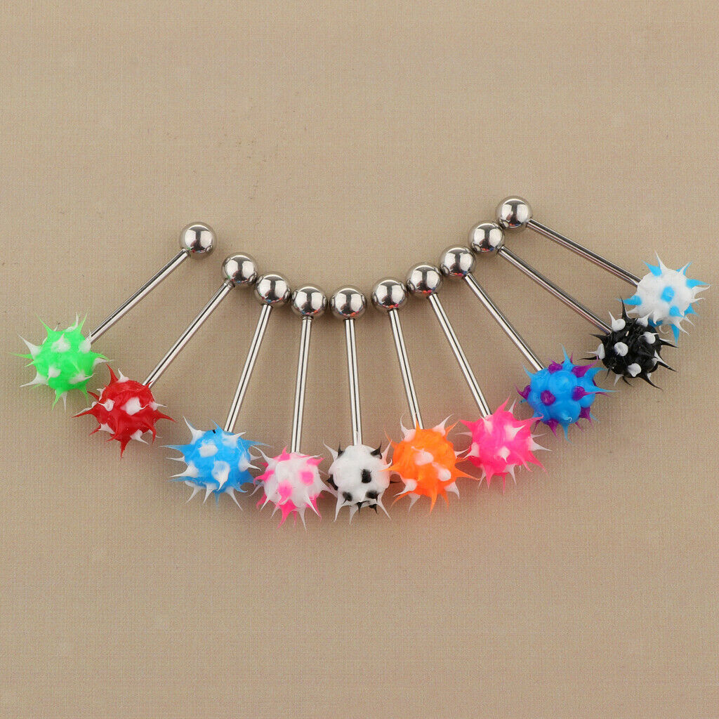 10Pcs Lip Tongue Bar Ring Straight Barbell Stainless Steel Silicone Ball 14G