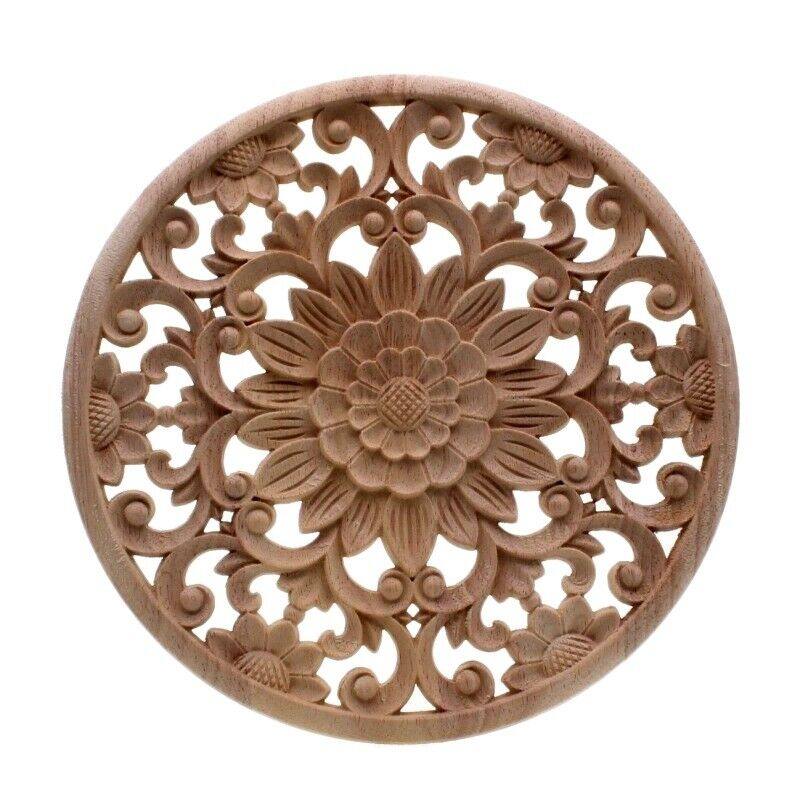 Carved Flower Carving Round Wood Appliques For Furniture Cabinet Unpainted WooF3