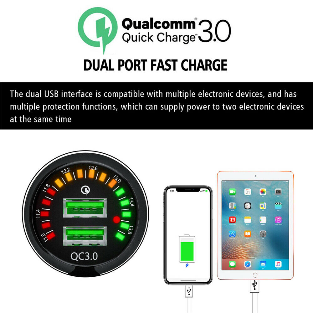 Dual USB Quick Charge 3.0 Car Charger 12V/24V 36W Waterproof Fast Charger Socket