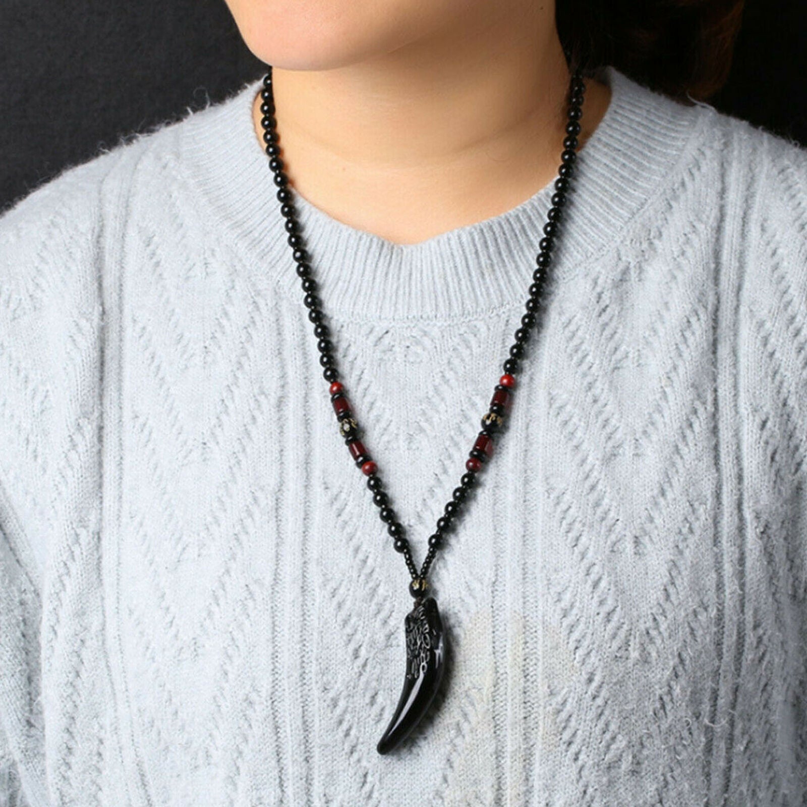 Natural Stone Black And Ice Obsidian Pendant Necklace Wolf Tooth Amulets Fashion