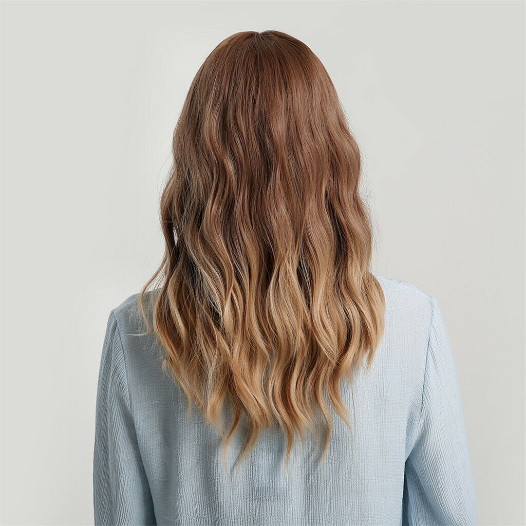 Women Wavy Synthetic Wigs w/ Neat Bangs Golden Brown for Daily Fashion Show