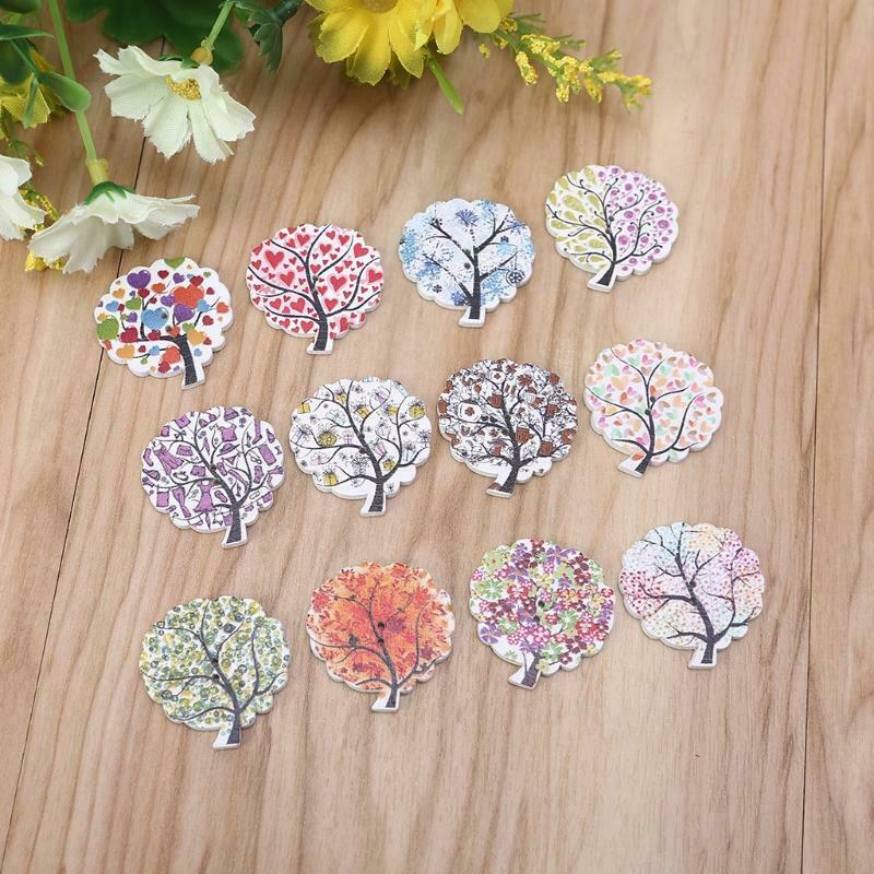 25 Pcs Painted Tree Cartoon Wooden Sewing Buttons Bulk Assorted Cute Pattern