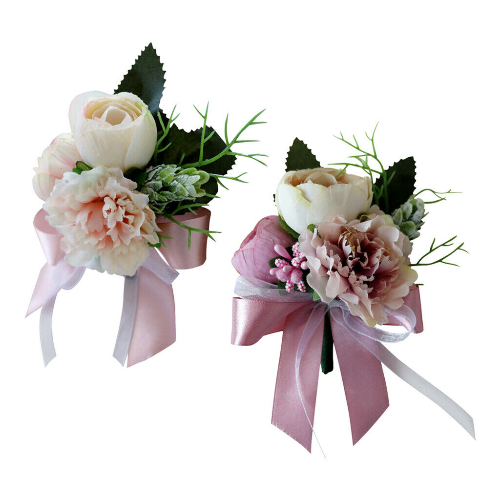 2Pcs/Set Wedding Silk flower Corsage Tea Rose Boutonniere Broach Decor