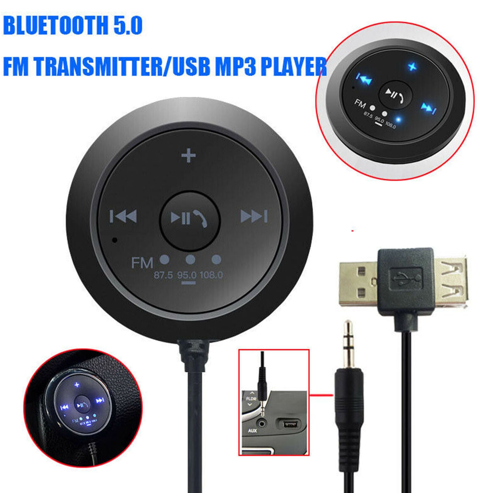 AUX-in Bluetooth Wireless Receiver Adapter FM Transmitter for Car Stereo Audio