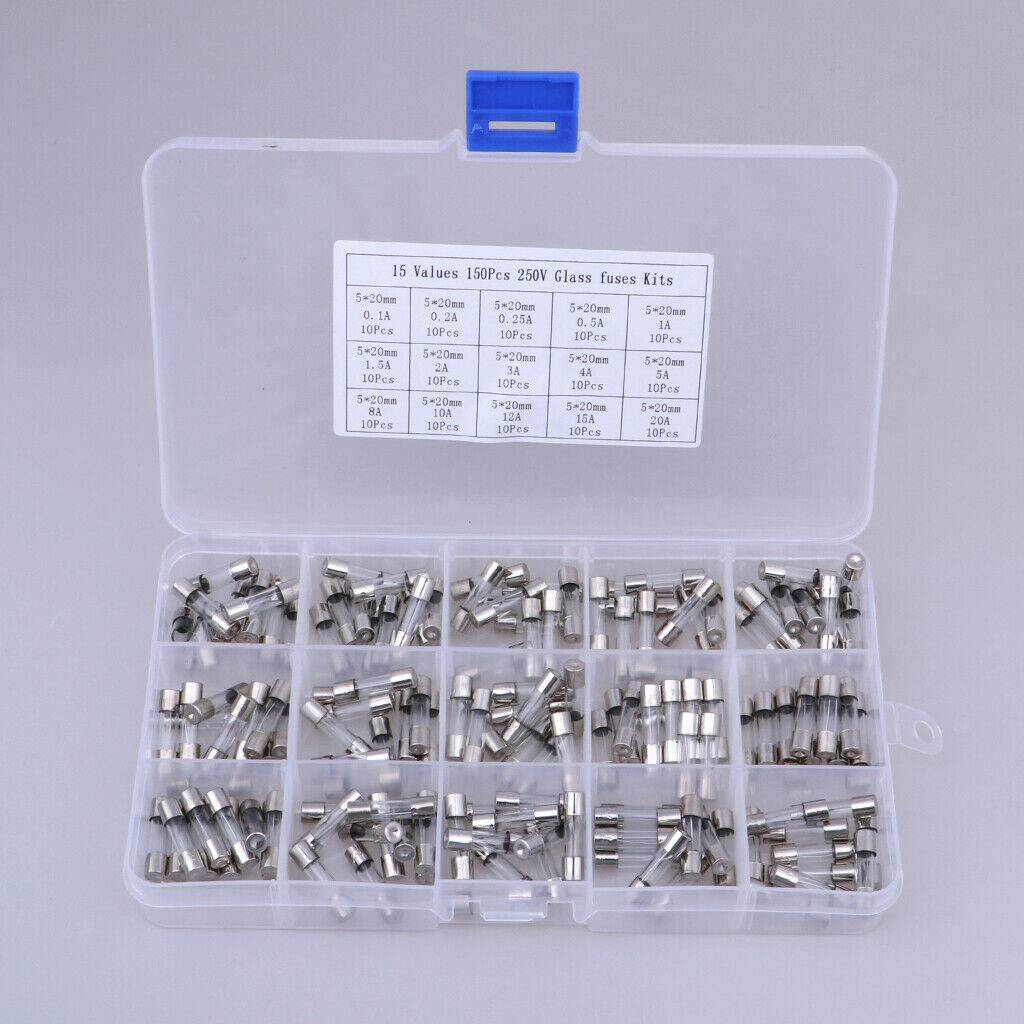 150x Glass Fuse Tube Assorted Kit Amp Fuse 0.1A-20A with Box