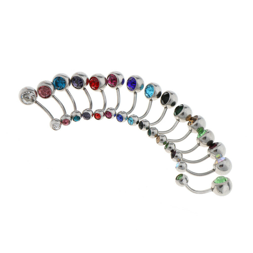 15pcs Belly Bar Double Gem Navel Barbell Belly Button Stainless Steel 14g