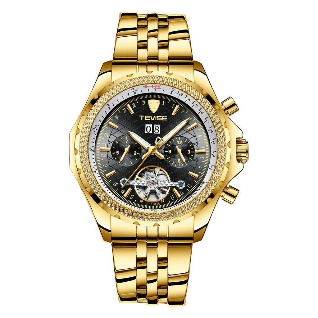 Business Watch Mechanical Automatic Wirstwatch Week Month Dial Golden - Black
