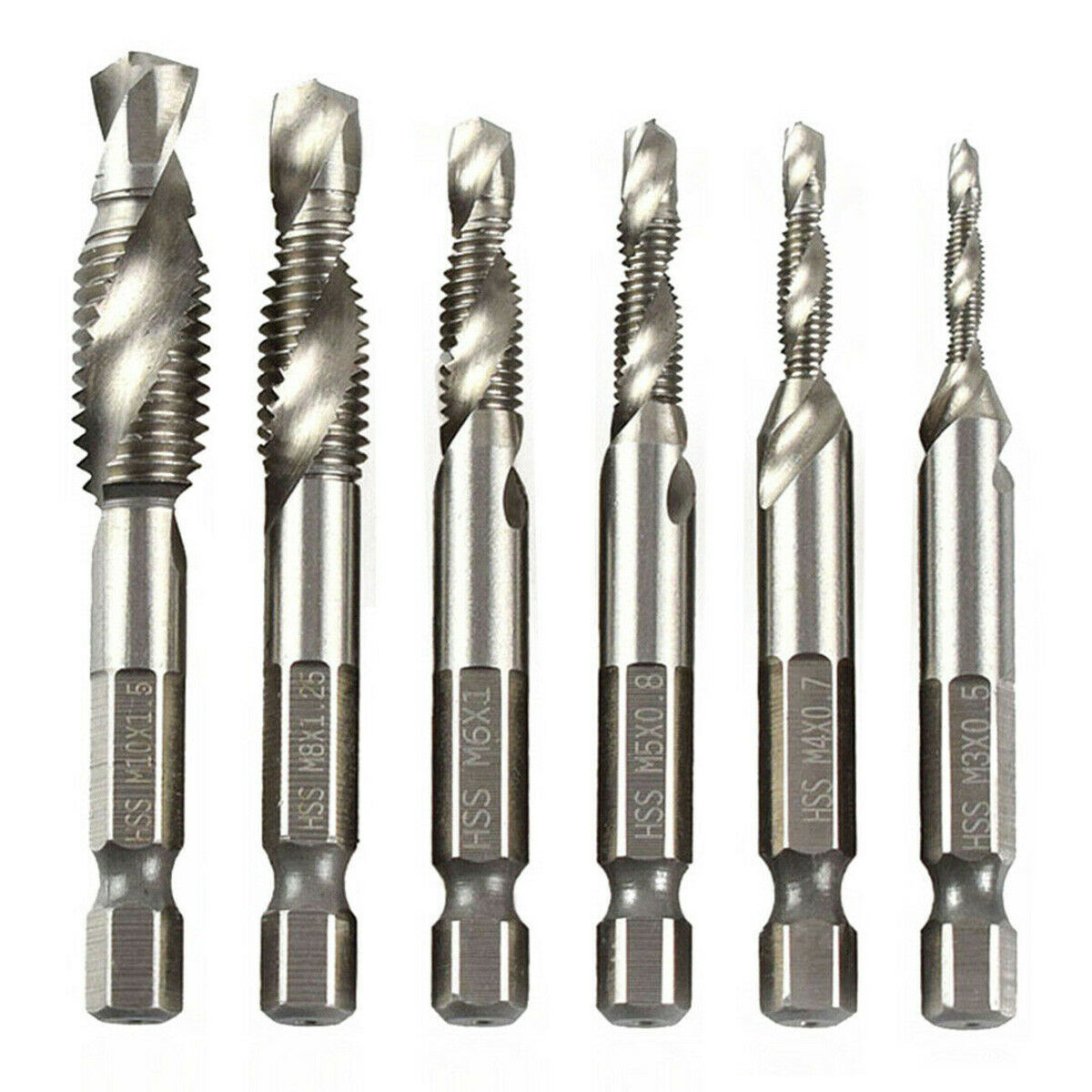 6pcs HSS 1/4" Hex Shank Combination Metric Drill Tap Bit Deburr Countersink Kit