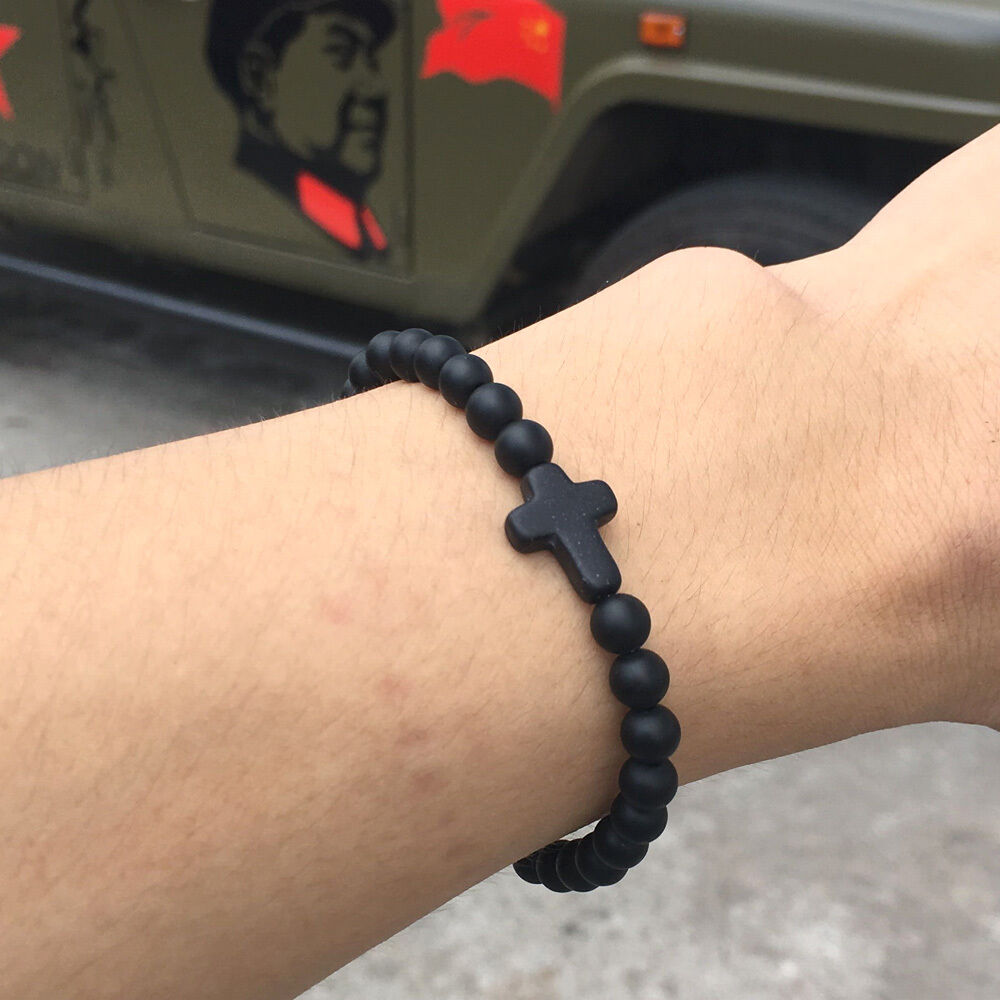 Matte Onyx Stone Cross Yoga Beaded Bracelet Boyfriend Gift Jewelry Men Wristband