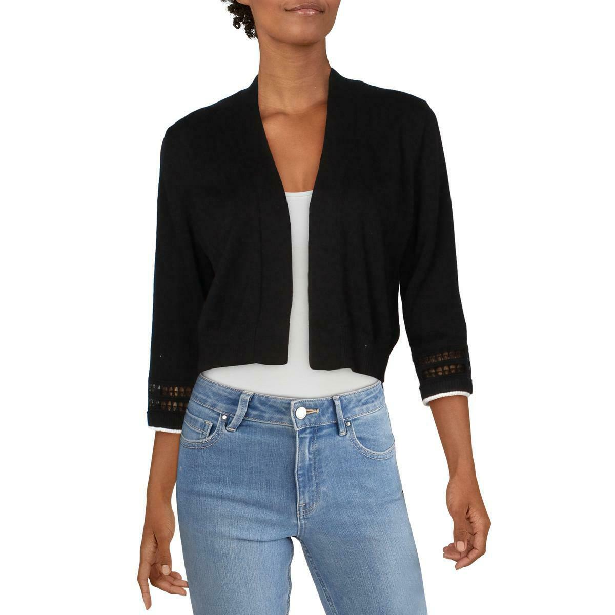 Ivanka Trump Womens Black Lace Contrast Trim Cardigan Sweater Jacket M BHFO 9524