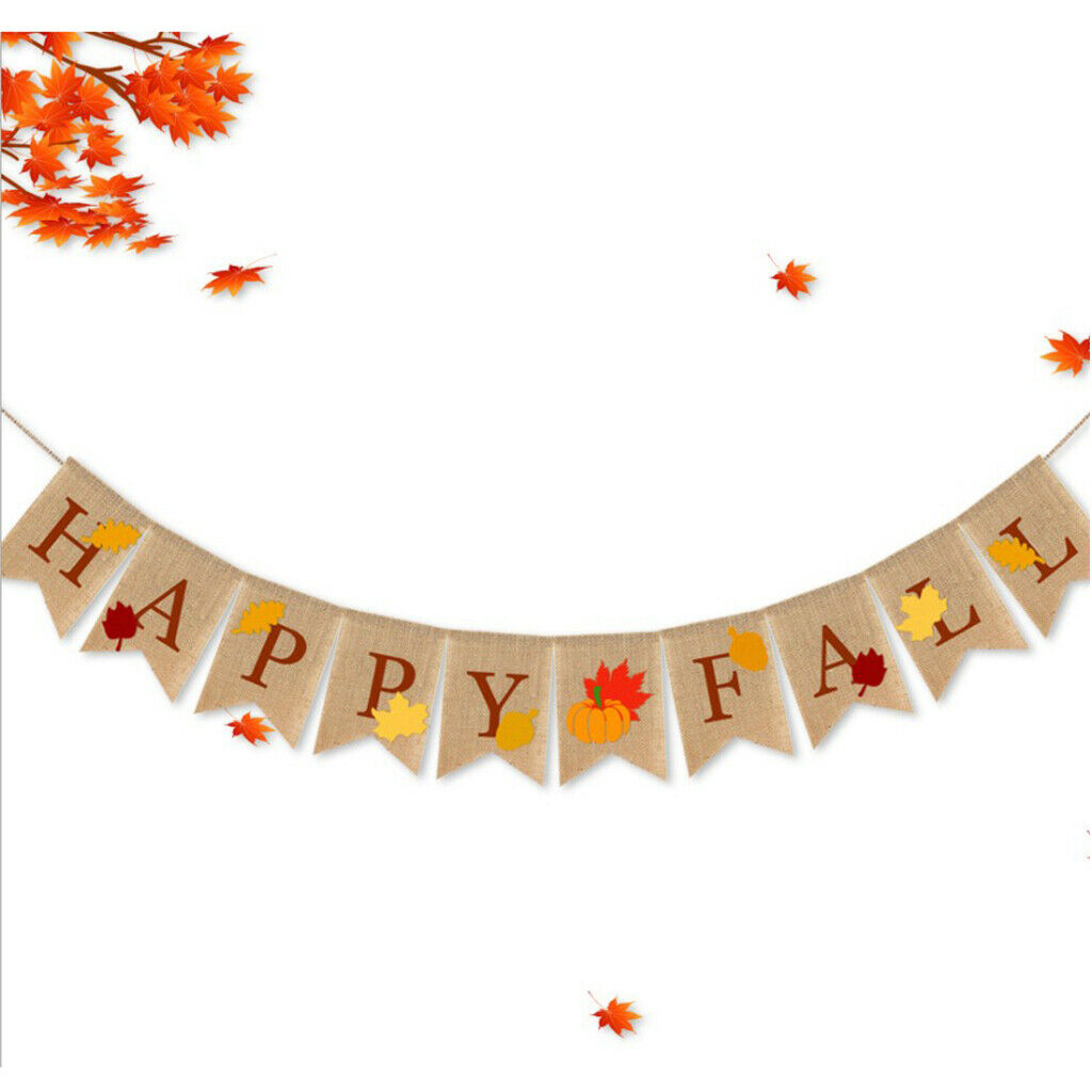 Rustic Happy Fall Burlap Banner Leaf Bunting Harvest Hanging Mantel Party
