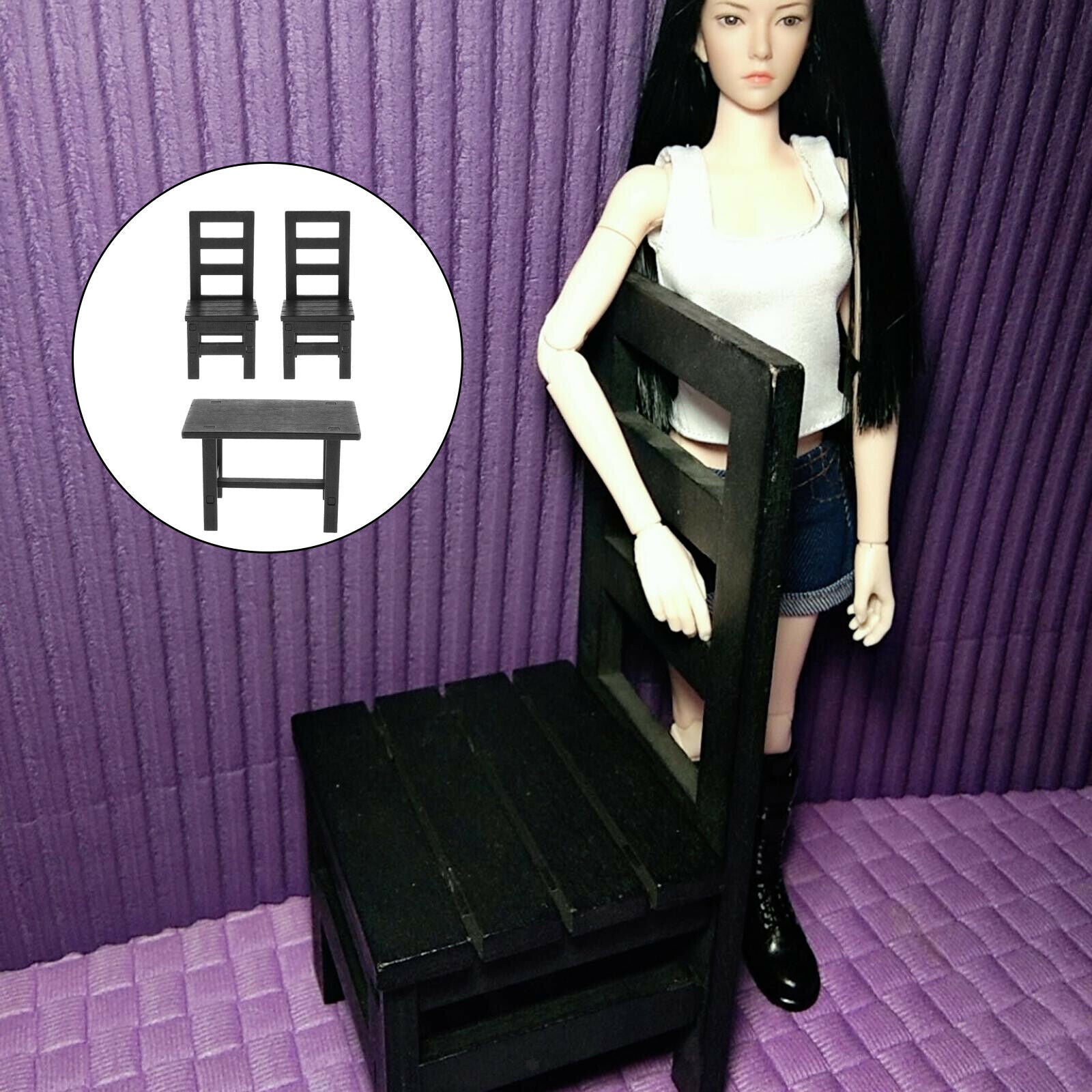 1/6 Table & Chairs for 12inch Kumik TBLeague DML DID TTL Dress up Black
