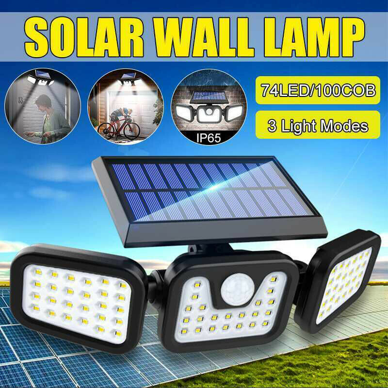 74LED 3 Heads Outdoor Solar Motion Sensor Flood Light Garden Pathways Wall Lamp