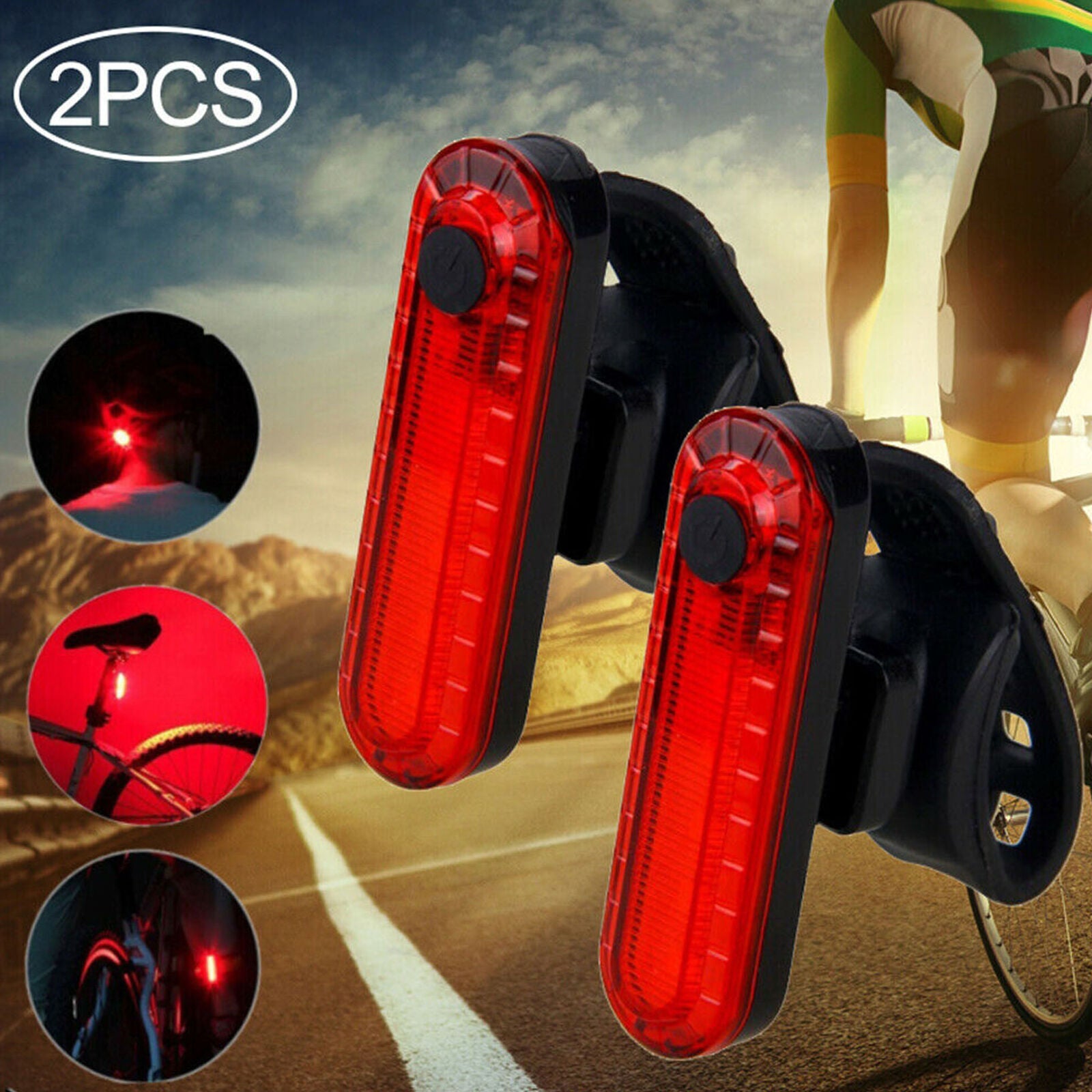 2PCS Bicycle Rear Light 2835 LED Bike Tail Lamp Cycling 4 Modes USB Rechargeable