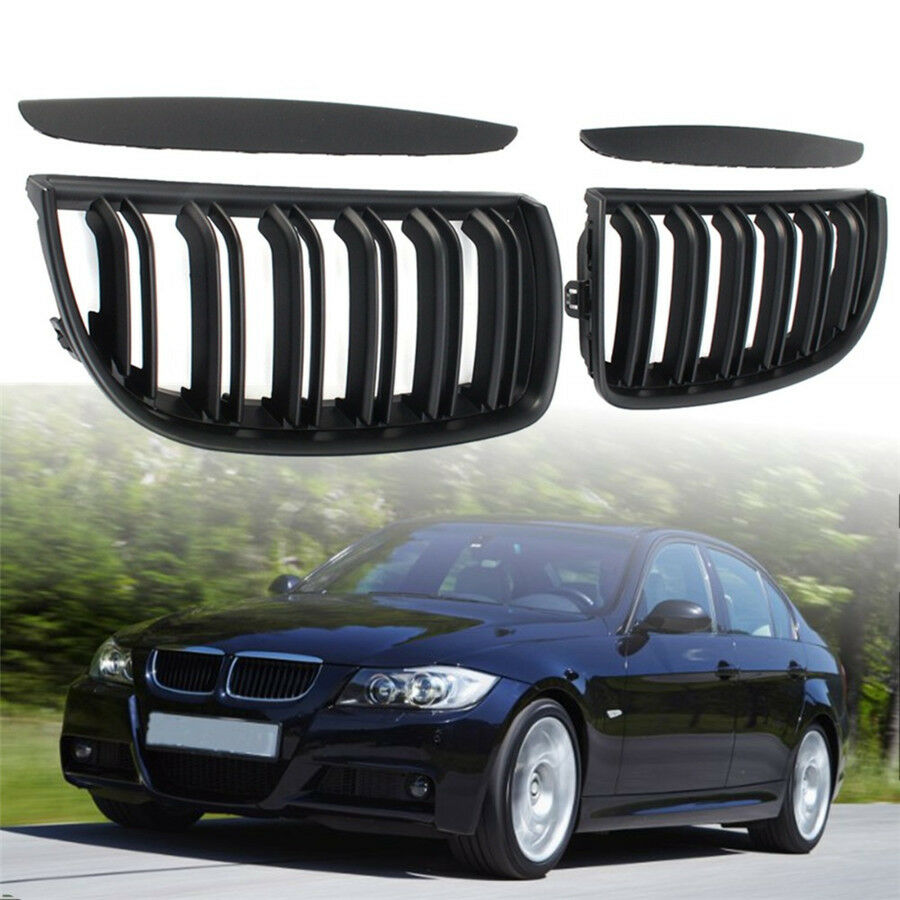 1 Pair Front Gloss Black 2 Line Double Slat Kidney Grille Grill For BMW E90 E91