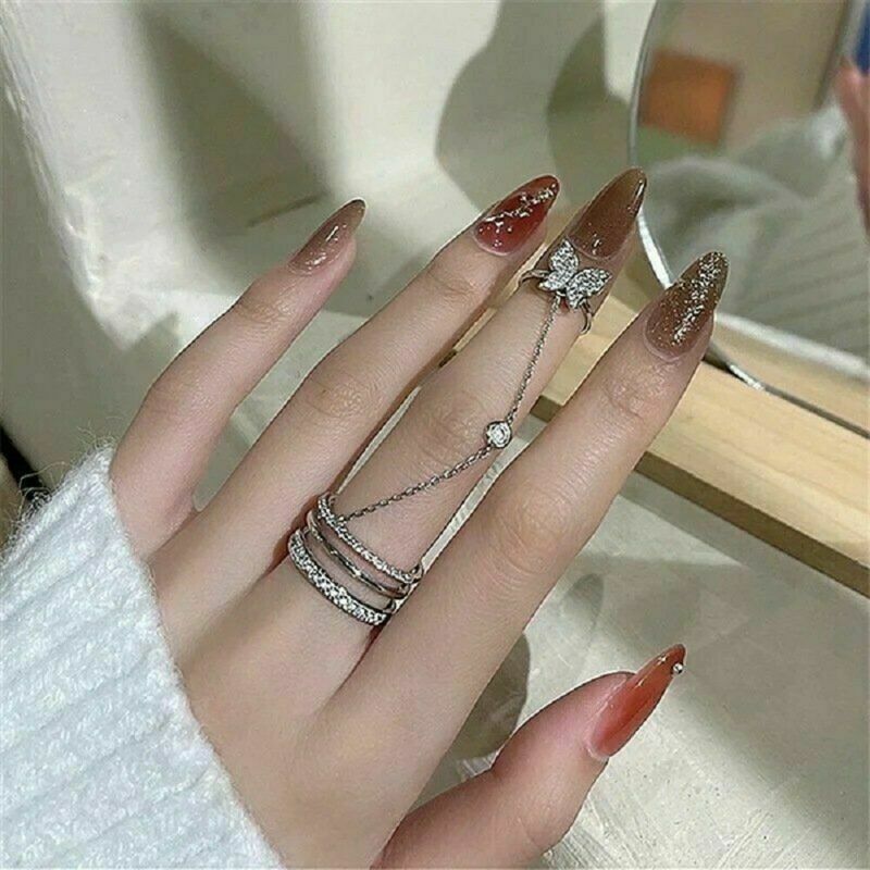 Women 925Silver Butterfly Zircon Ring Adjustable Chain Open Ring Party Jewelry.