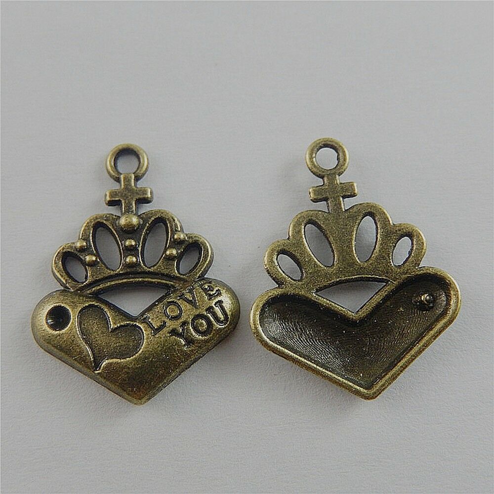 20 pcs Antiqued Bronze Crown Heart Metal Charm Pendant Earring Dangle 22*17*2mm
