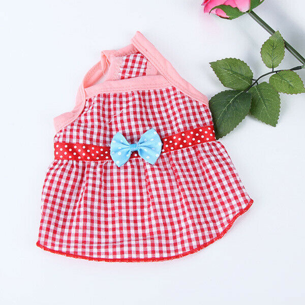 Puppy Dress Pet Dog Vest T Shirt Plaid Summer Apparel Bowtie Costume Red-M