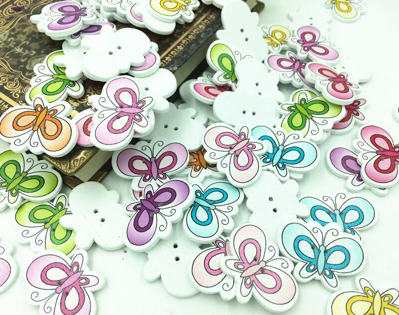50pcs Butterfly Wooden Buttons  2 Holes  Sewing and Scrapbook Crafts 33mm