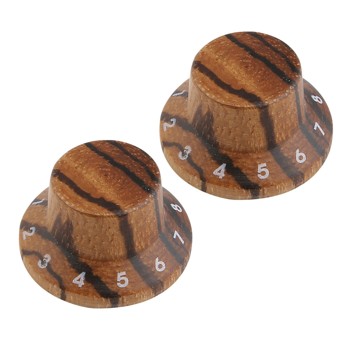 2x Zebra Wood Strat Style Bell Knobs Guitar Bass Top Hat Knob 1-10