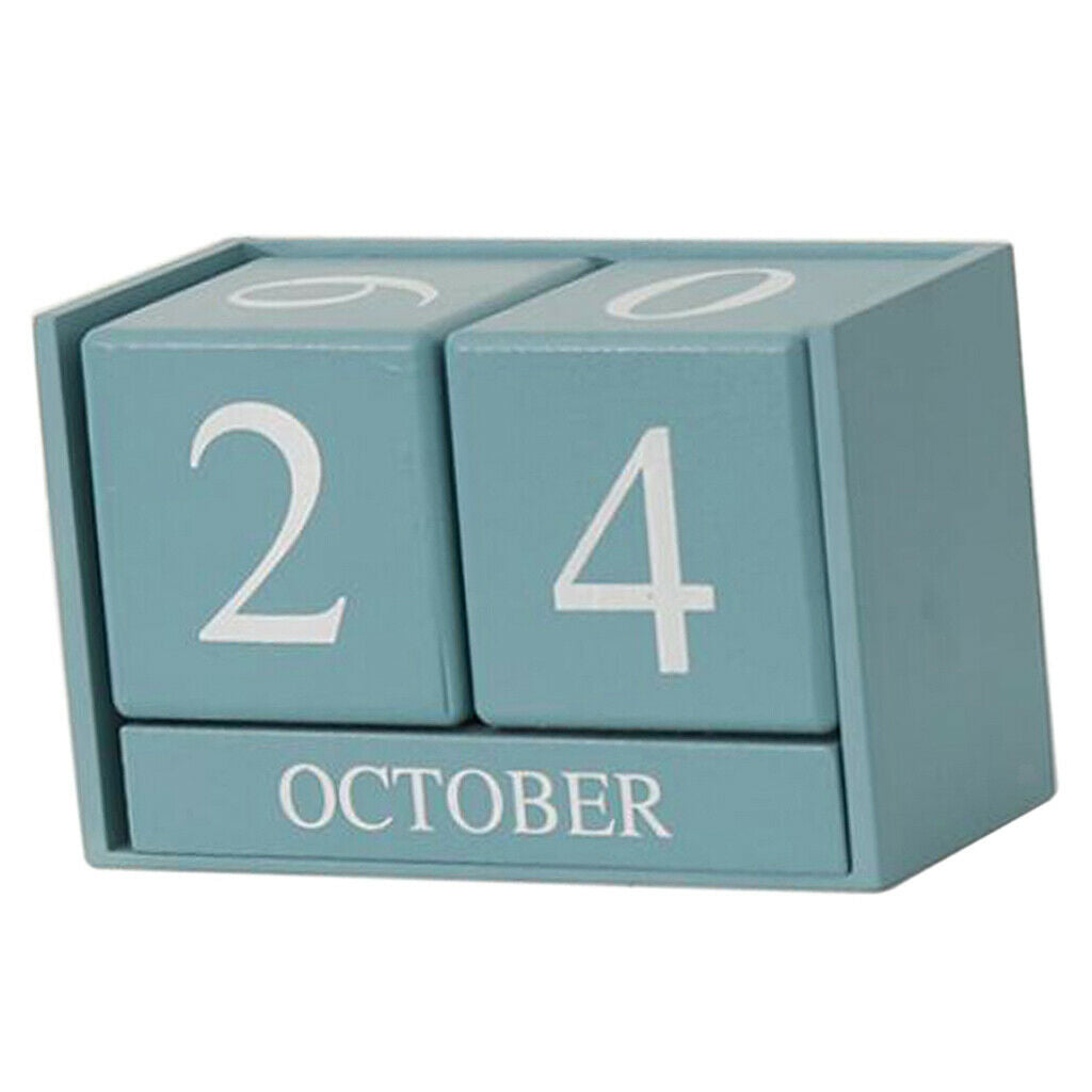 Wooden Perpetual Calendar Desktop Block Wood Calendar for Home Office Blue