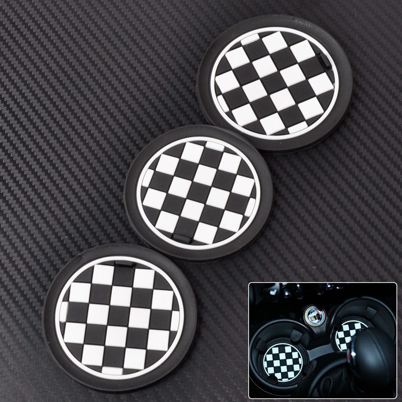 3* 78mm Black Checker Pattern Style Coasters For MINI Cooper Front Cup Holders