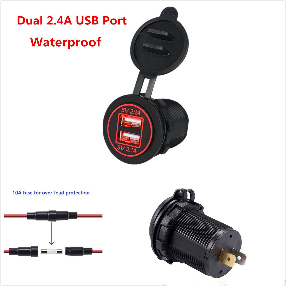 Waterproof Car Motorcycle Dual USB Port Charger Power Outlet Socket 4.8A Red LED