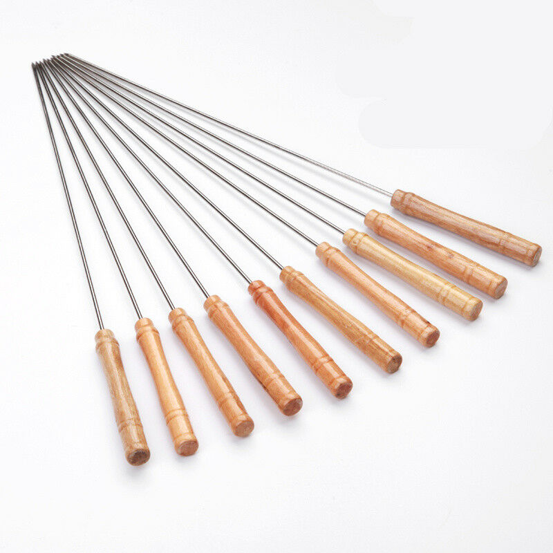 10 Pcs 30cm Stainless Steel BBQ Skewers Barbeque Kabob Needle Wood Sticks
