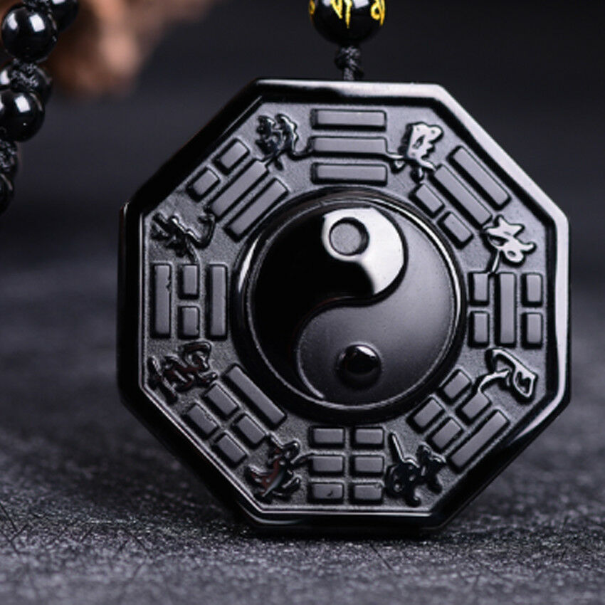 China Natural Black Obsidian Hand-Carved BaGua Lucky Amulet Pattern Pendant