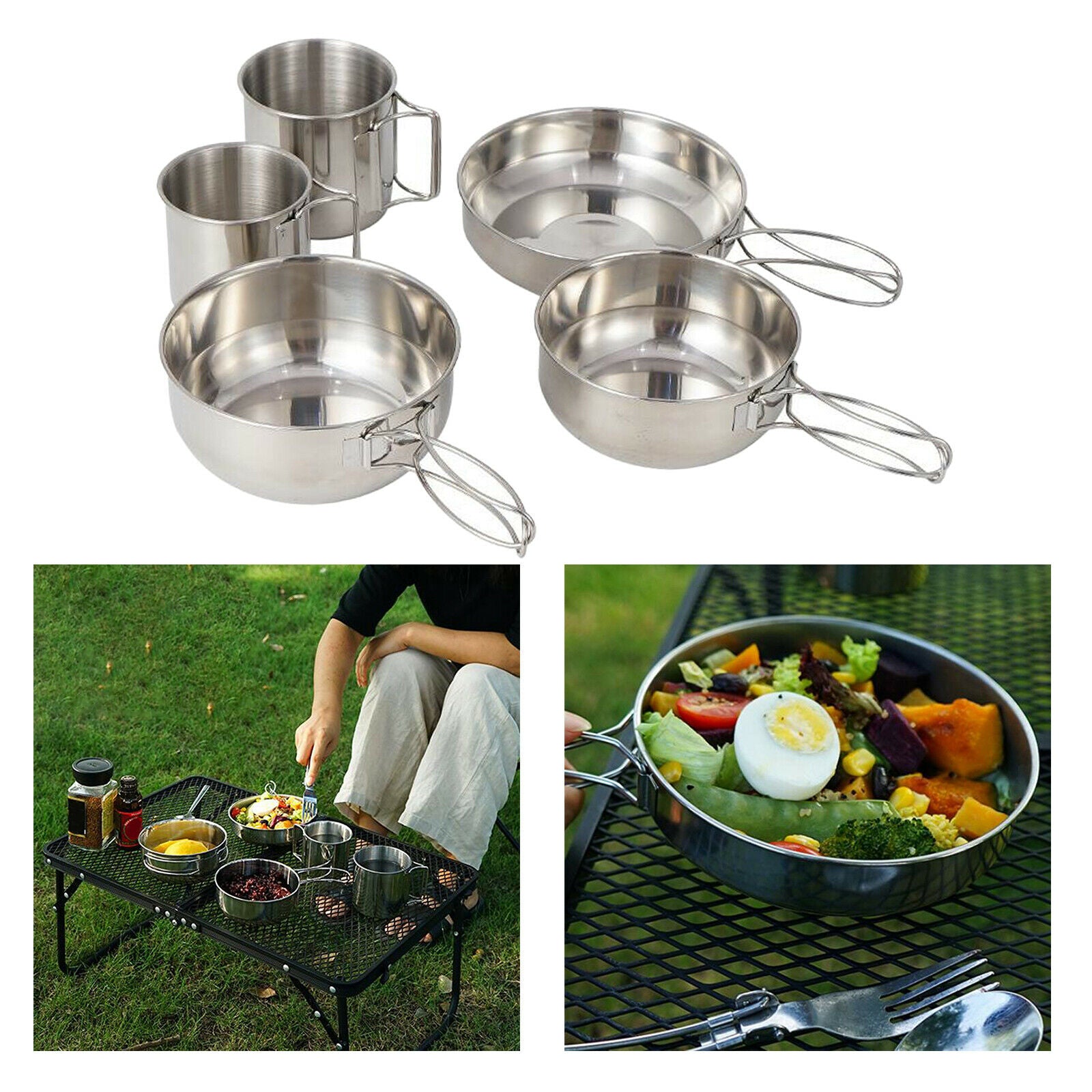 5Pcs Stainless Steel Tableware Mess Kit Includes Drink Cup & Bowl & Pan Pot for