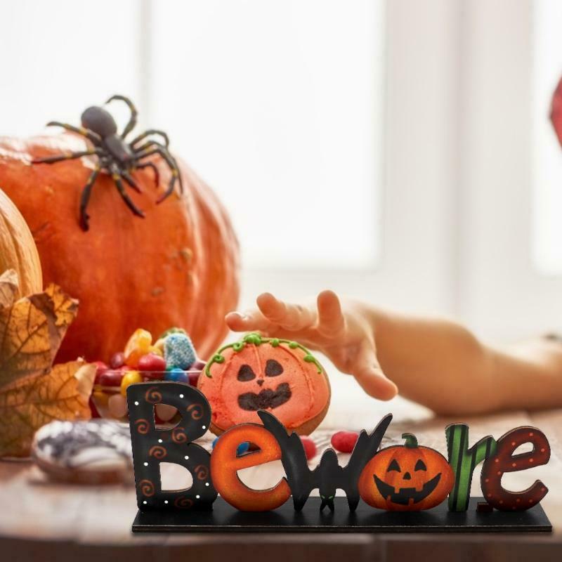 Halloween Wooden Table Decor Beware Letters Pumpkin Sign Party Desktop Ornament