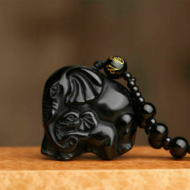 New Obsidian Hand Carved Elephant Lucky Pendant Beads Black Necklace