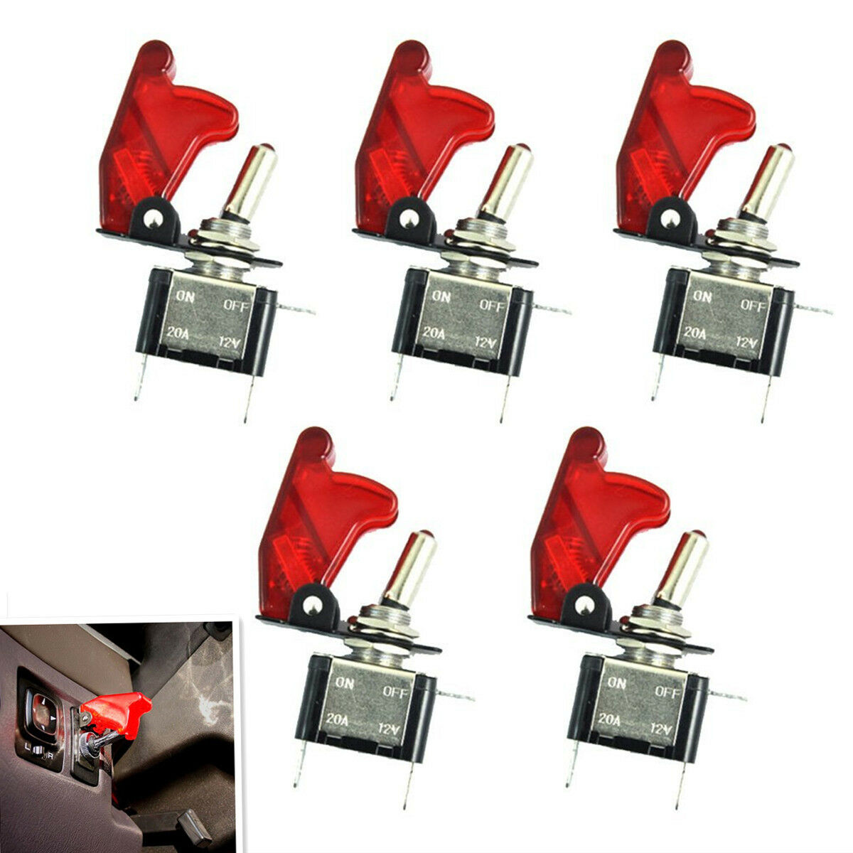 5Pcs 12V 20A Red Cover LED Rocker Toggle Switch SPST ON/OFF Car Truck Boat 2Pin