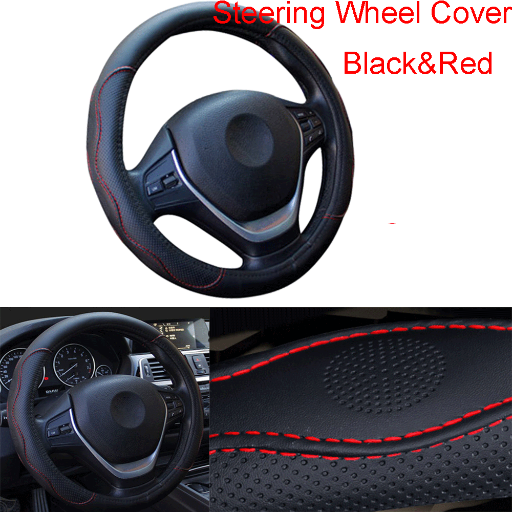 37-38cm PU Leather Auto Car Steering Wheel Cover Anti-Skid Protector Black & Red