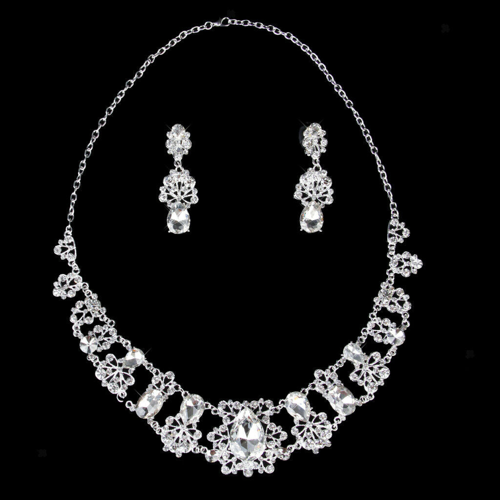 Luxurious Jewelry Diamante Crystal Necklace Earring Set for Bridal Wedding Party