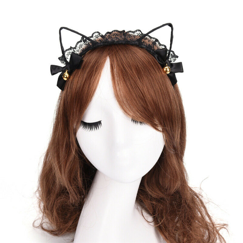 Women Lace Cat Ears Headband Bells Party Costume Fancy Dress Hair Hoop HairbandW