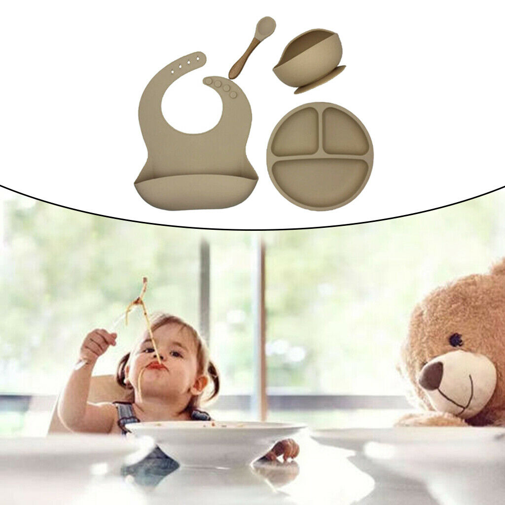 4pcs Silicone Baby Feeding Supplies with Plate Spoons Bib and Bowl Camel