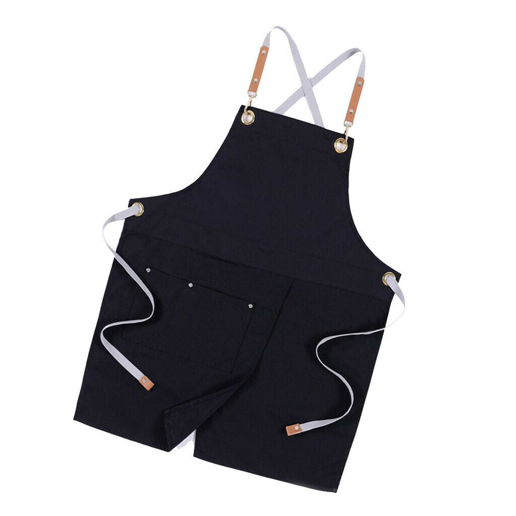 2Pcs Black Denim Apron Unisex Kitchen Bar Leather Cross Back Straps