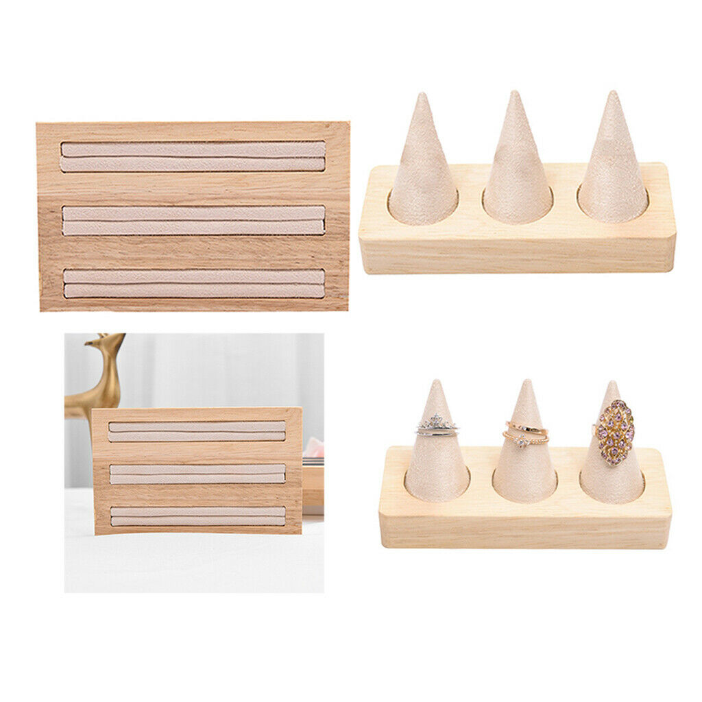 2Pcs Natural Wooden Leather Jewelry Ring Display Stand Bracelet Holder Organizer